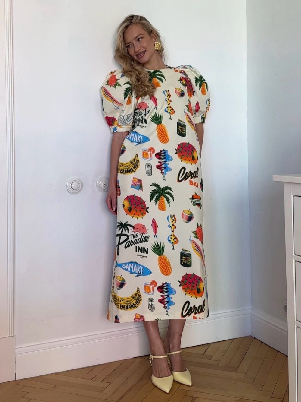 Rotimia Tropical Paradise Print Midi Dress Puff Sleeve Belted Size S